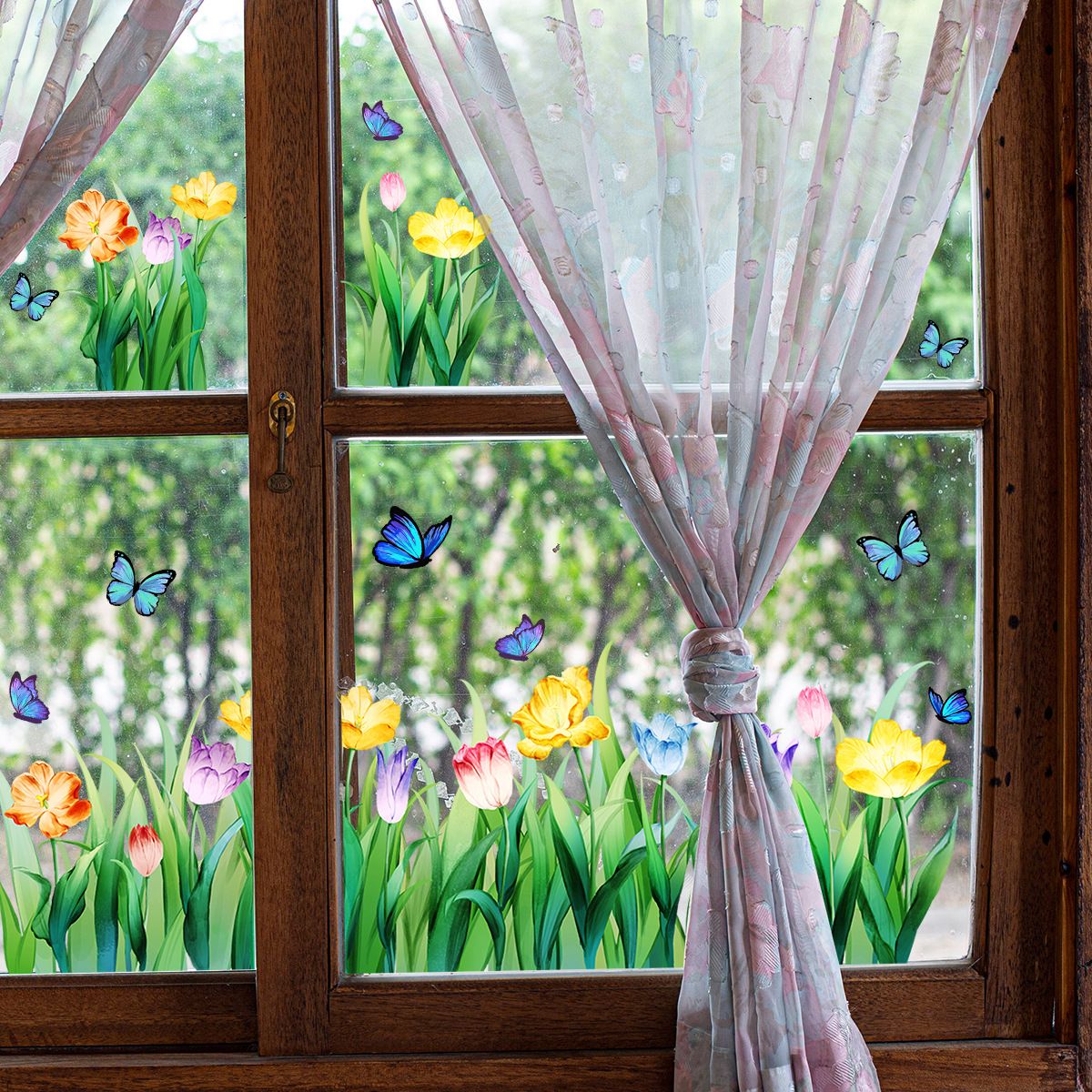 Spring Window Clings Flower Window Stickers Decorations for Glass Windows, Easter Tulip Butterfly Flower Window Decals