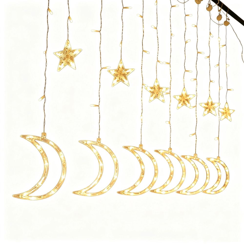 Led Curtain Lights Moon Star Light String 6.6ft Window Decoration 8 Modes Remote Control USB Power Warm White (Big Crescent)