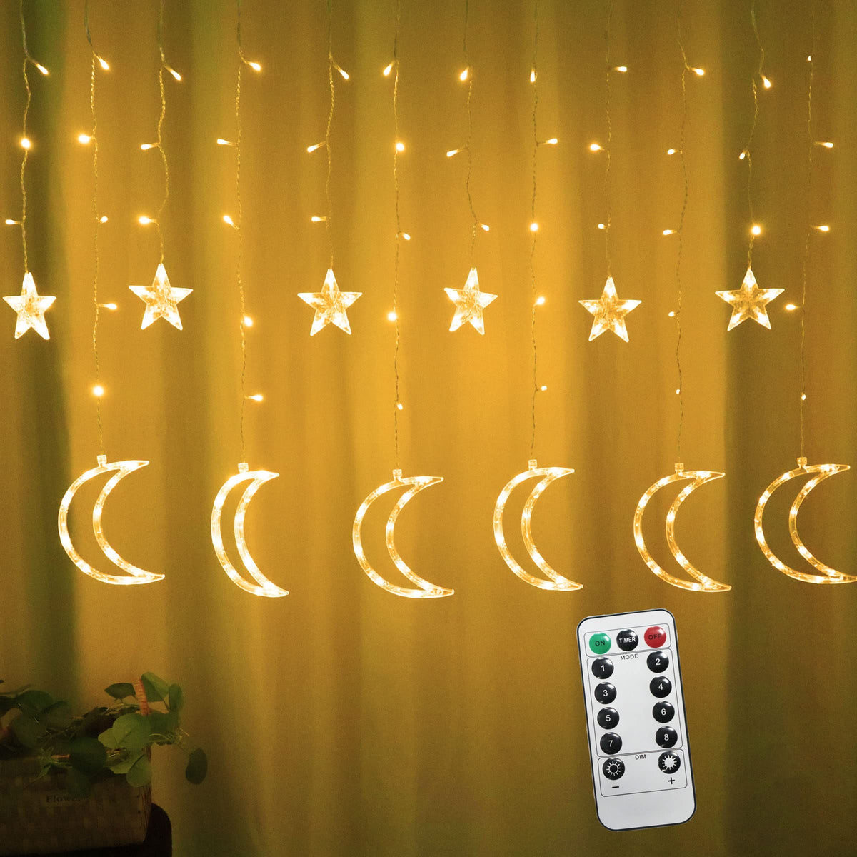 Led Curtain Lights Moon Star Light String 6.6ft Window Decoration 8 Modes Remote Control USB Power Warm White (Big Crescent)