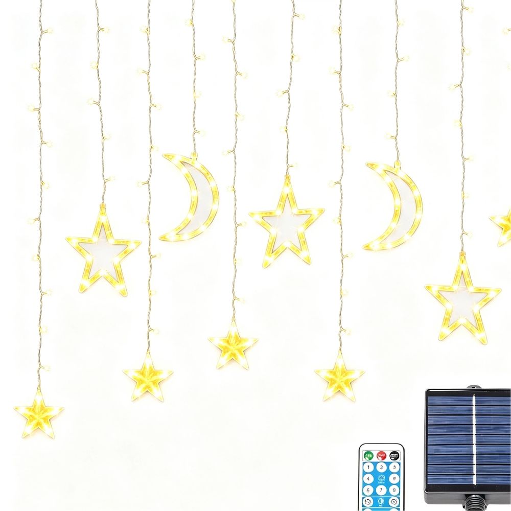 Solar Curtain Lights 138*LEDs, Star Moon Ramadan String Lights with 8 Lighting Mode, Waterproof Solar Powered Twinkle Hanging