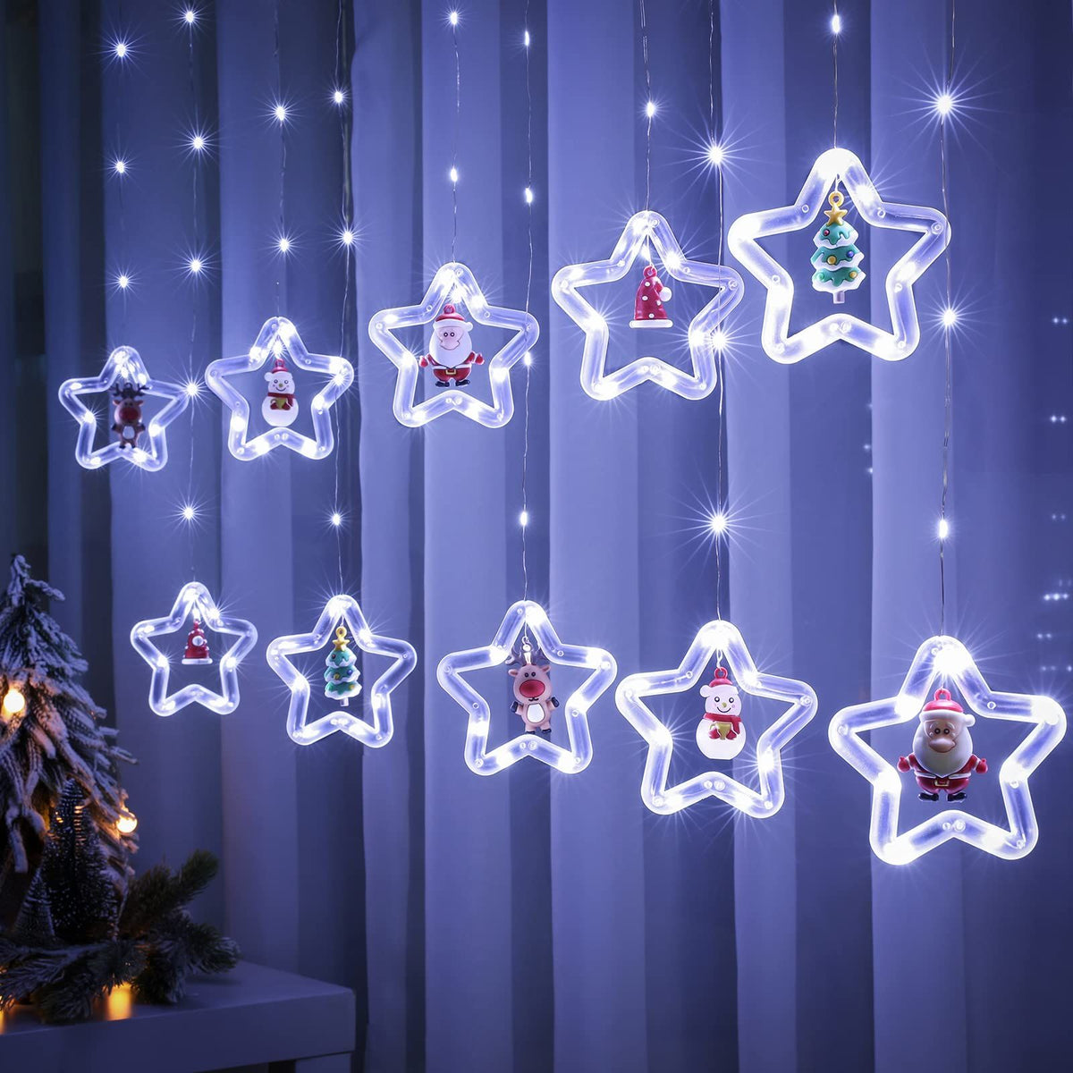 Curtain Lights Indoor Hanging Window Light 10 Stars Ring with Xmas Ornaments - USB Remote Control 9.8ft Window Lights Decorations