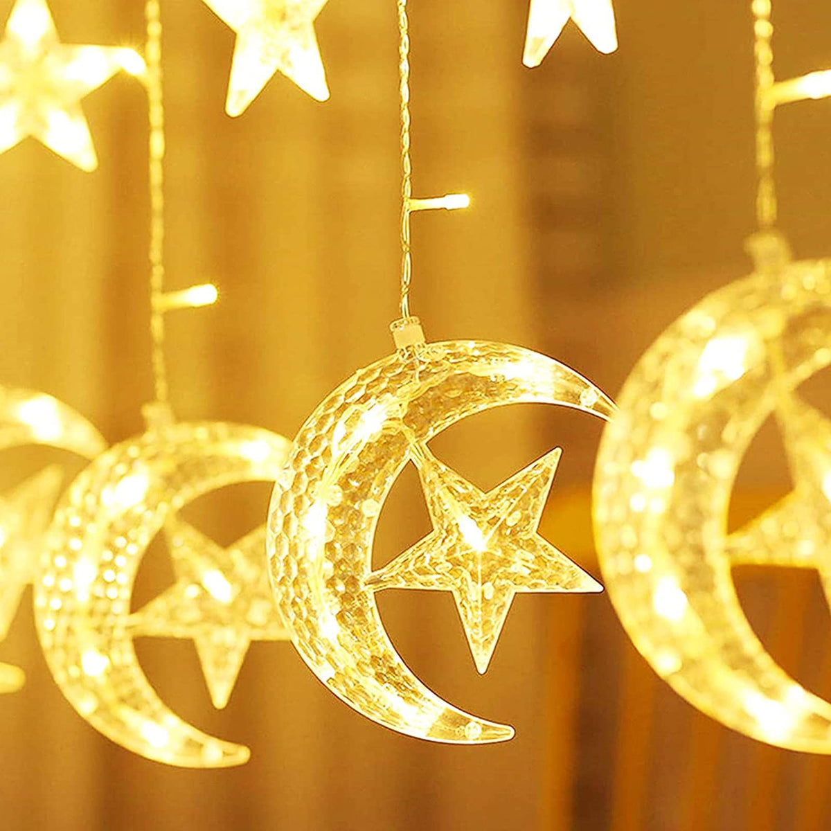 LEDs String Lights for Ramadan Decor, Moon Star Curtain String Lights 2 Modes Fairy String Light Hanging Decorations for Birthday