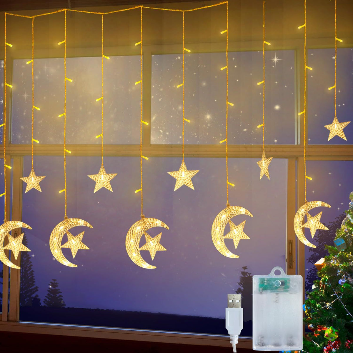 LEDs String Lights for Ramadan Decor, Moon Star Curtain String Lights 2 Modes Fairy String Light Hanging Decorations for Birthday