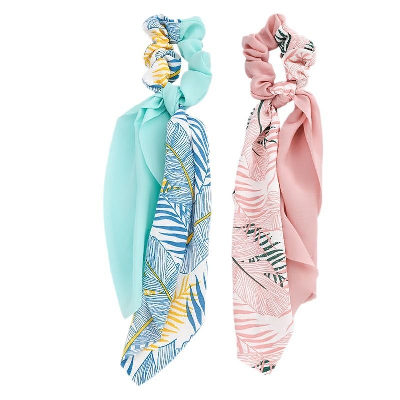2 Pcs Hair Scarf Scrunchies Cute Women printed floral Ribbon Scrunchies Set Ties Chiffon Knotted Bow Ponytail (Flowers & Leaves)