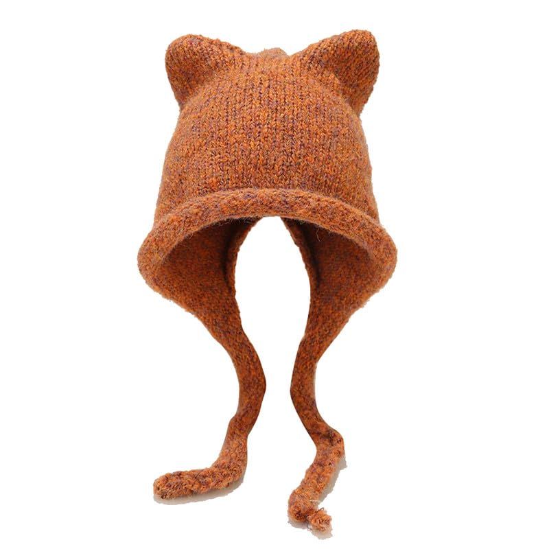 Women's Cute Cat Ears Ear Flap Winter Warm Knit Hat Cute Baotou Woolen Hat Ear Protection Cold Hat