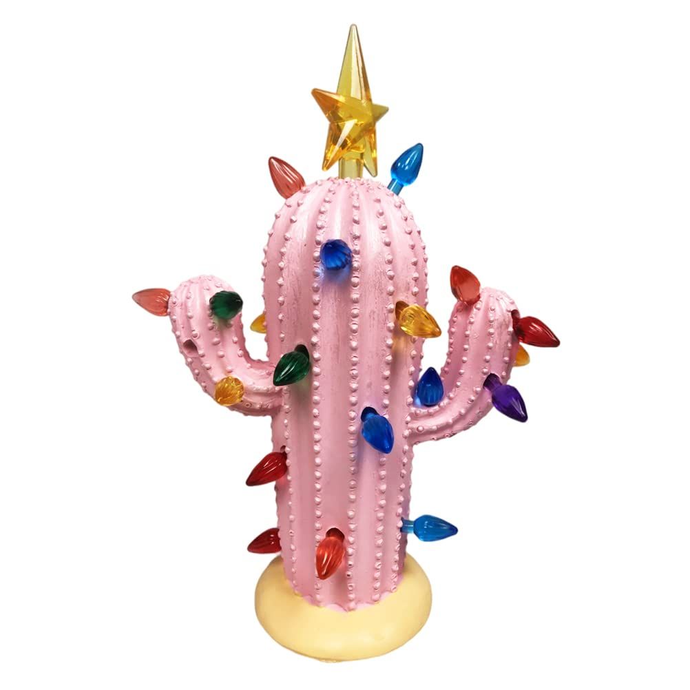Cactus Christmas Tree, Creative Resin Christmas Cactus with Lights, Vintage Nostalgic Christmas Cactus Tabletop Ornament