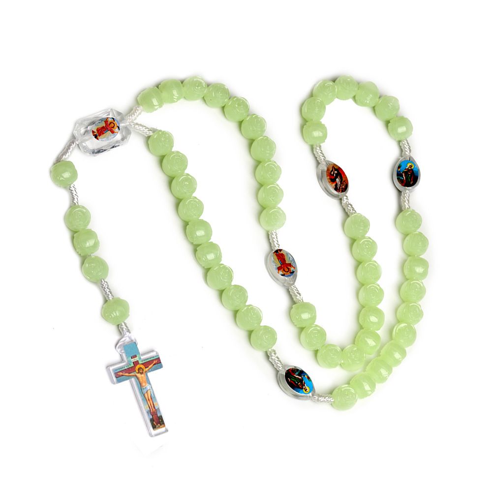 Victorian Gothic Crossed Rosary Necklace With Chain Charm Handmade Rose Flower 10mm Beaded Luminous Necklace