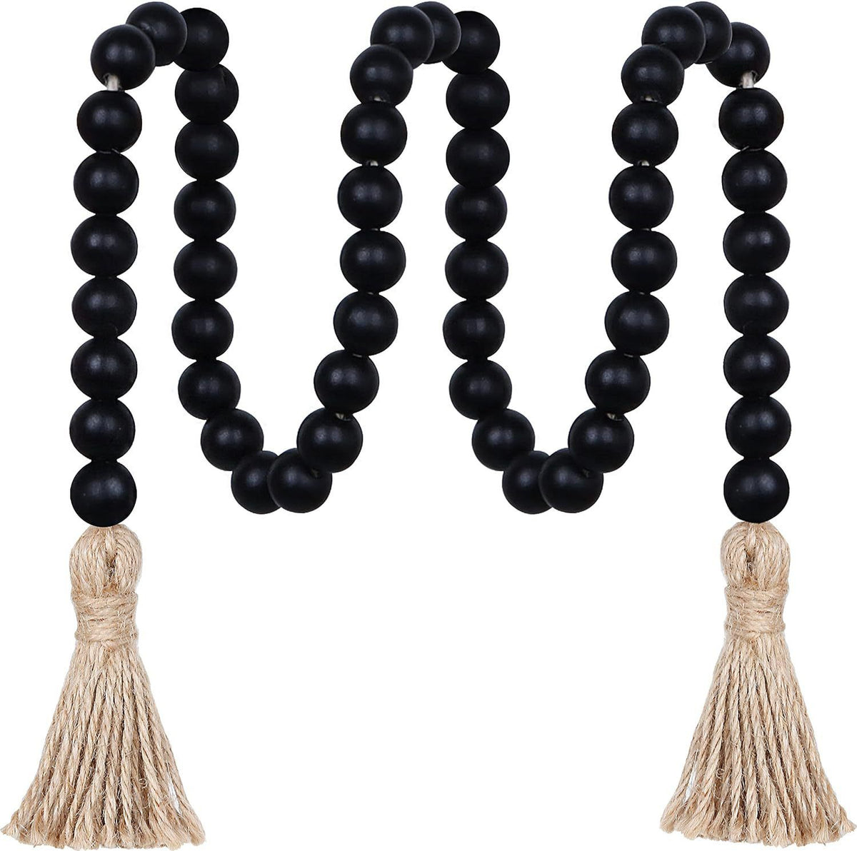 39" Long Large Wood Bead Wooden Country Wood Beads Garland for Home Tiered Tray Decor, Decorative Beads with Tassels, Black