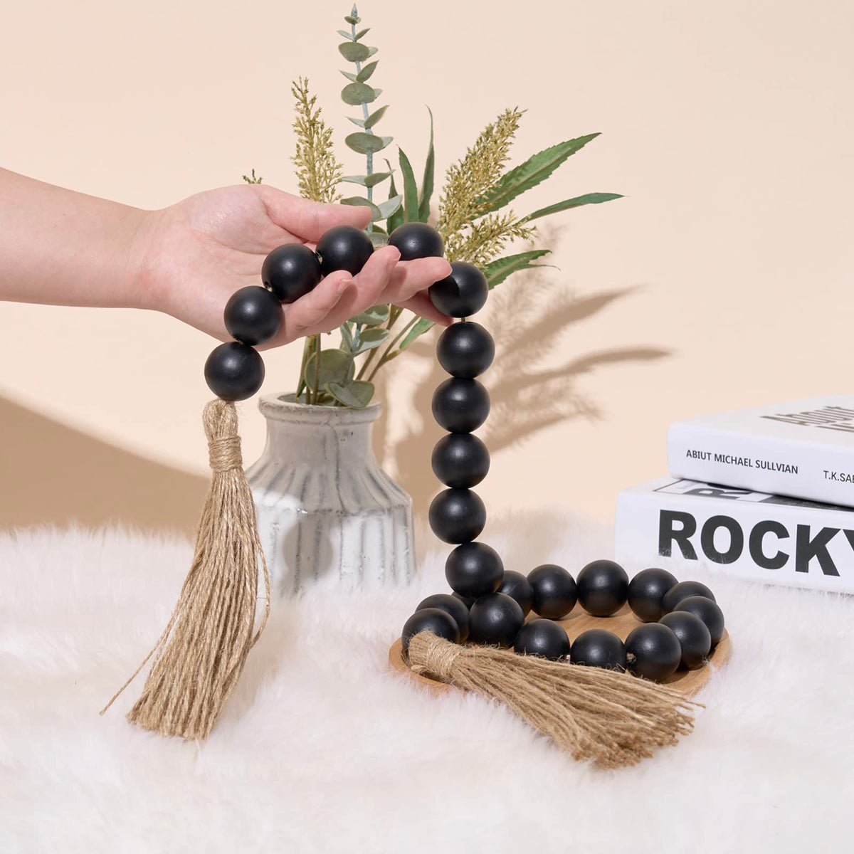 39" Long Large Wood Bead Wooden Country Wood Beads Garland for Home Tiered Tray Decor, Decorative Beads with Tassels, Black