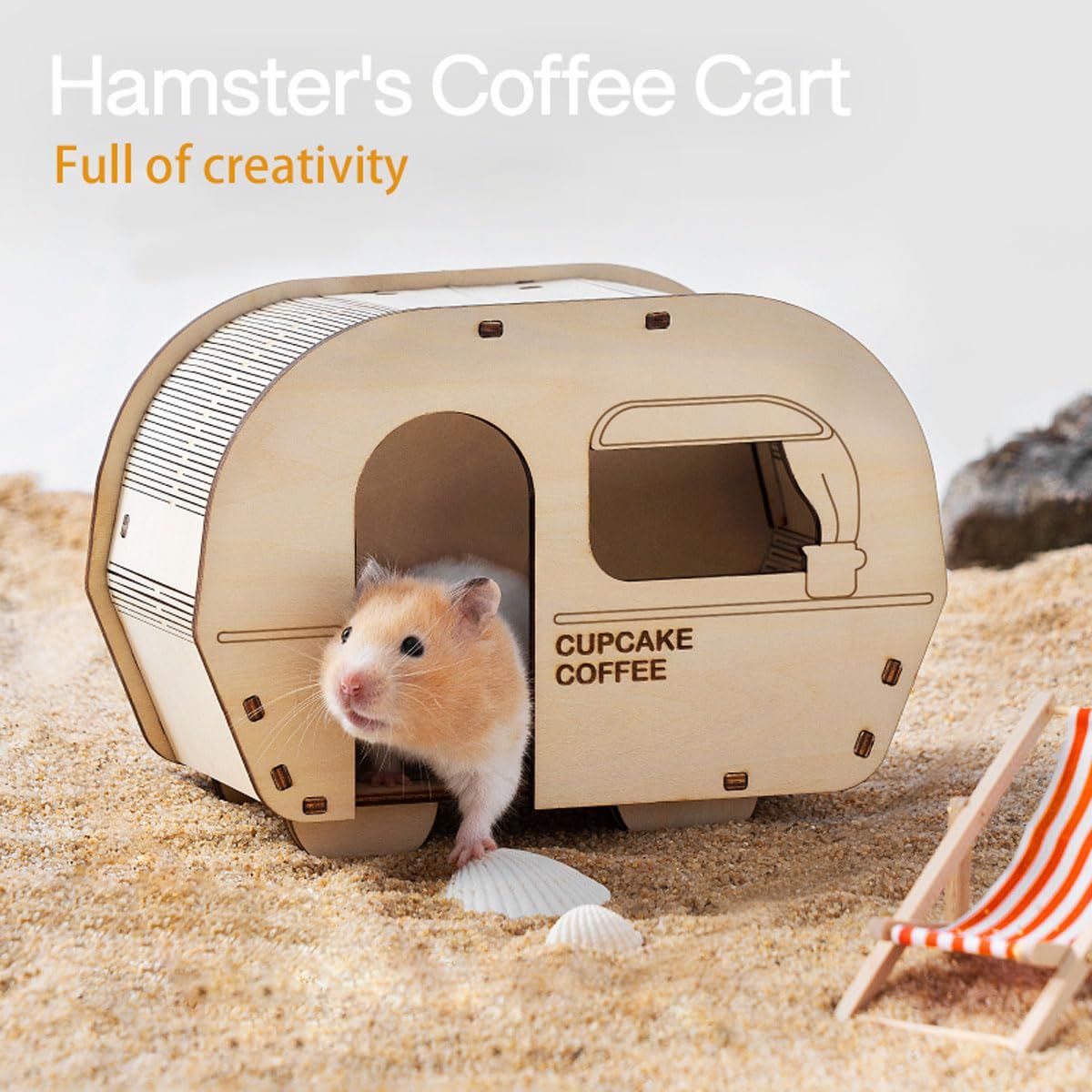 Creativity Handcrafted DIY Hamster Wooden Hideout for Dwarf Gerbil Mouse Mice Rat Small Animal Habitat Décor,Coffee cart Shape