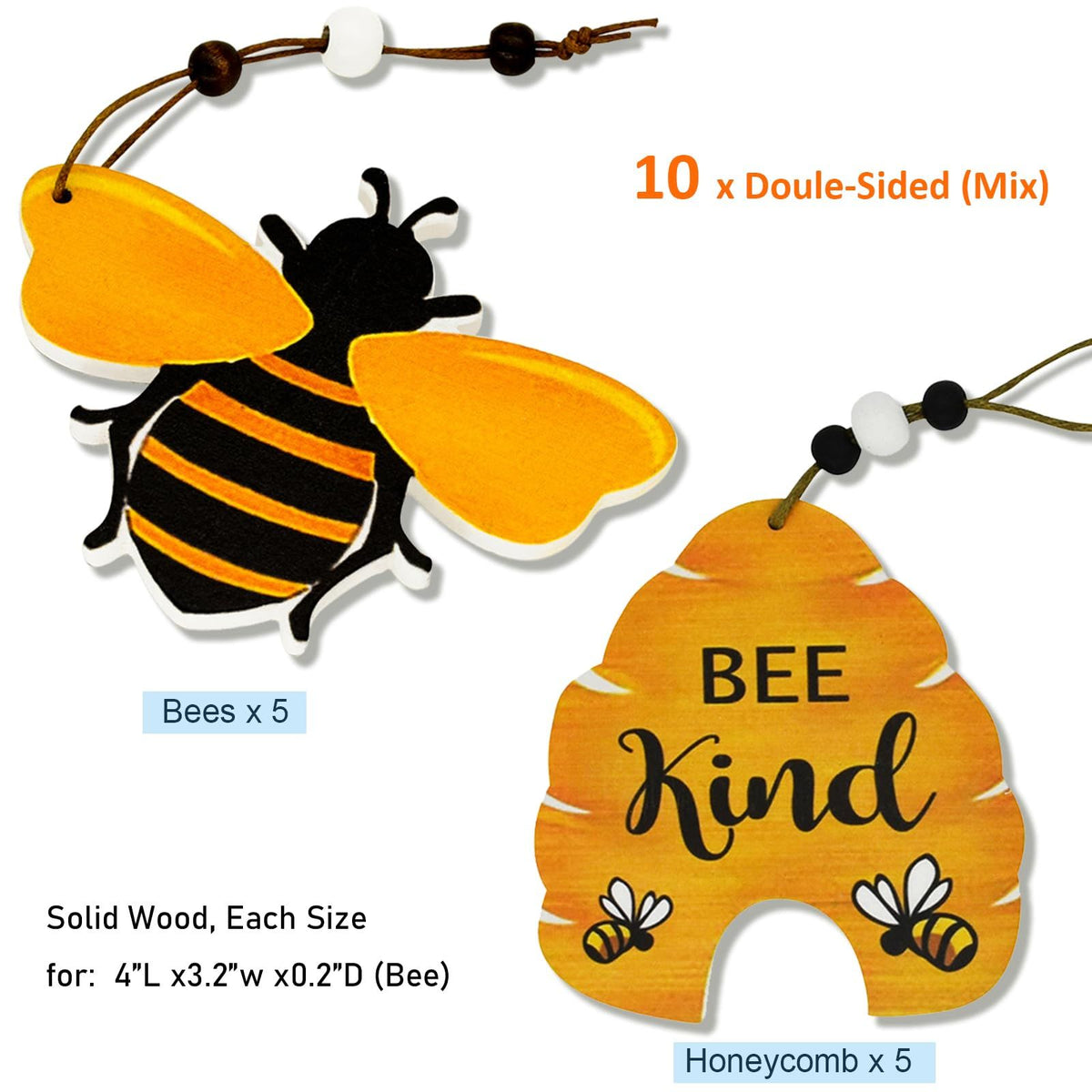 10 Pcs Bee Beehive Ornaments Wood Cutouts Decorations for Tree Tree Tray Wreath Christmas Festival Bee Kind Sign Art Crafts , Bulk