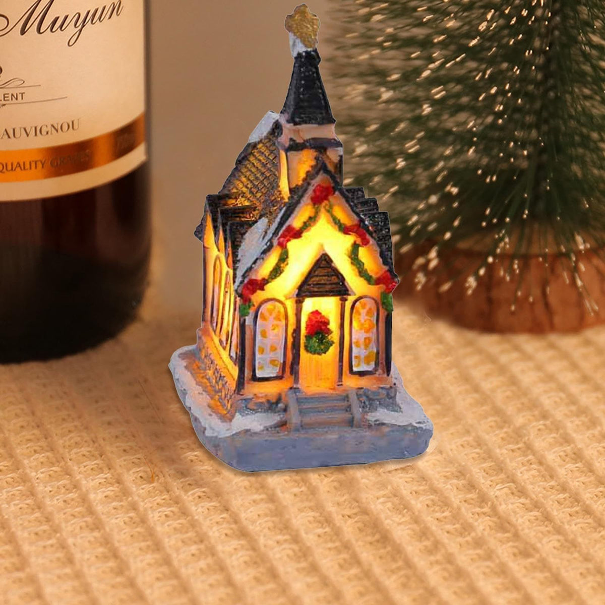 Christmas Village House, Battery Operated Resin Christmas Light Up House Ornament Snow Collectible Village Building with LED Light