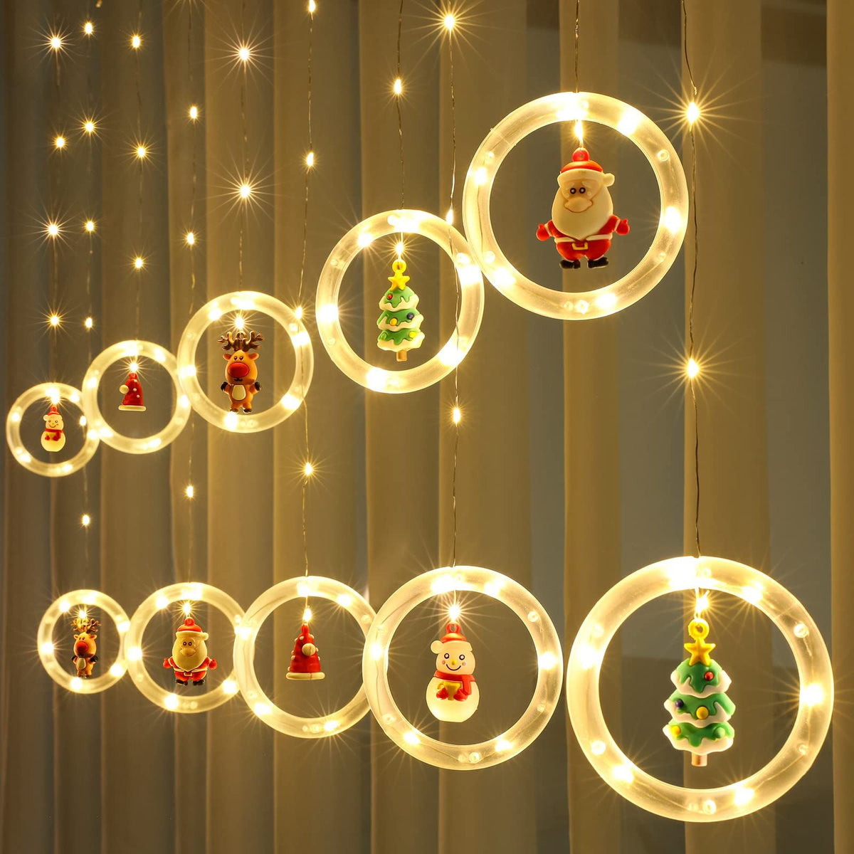 Window Lights Christmas Decor Ring Lights with Ornament LED Curtain Lights Indoor Outdoor USB White Christmas String