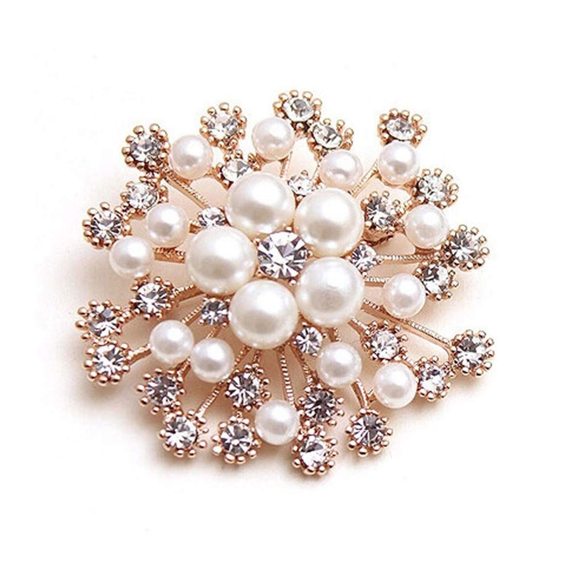 Glittering Imitation Pearl Crystal Snowflake Flower Design Brooch Pin Badge Fashionable Charming Dress Scarves Shawl Clip