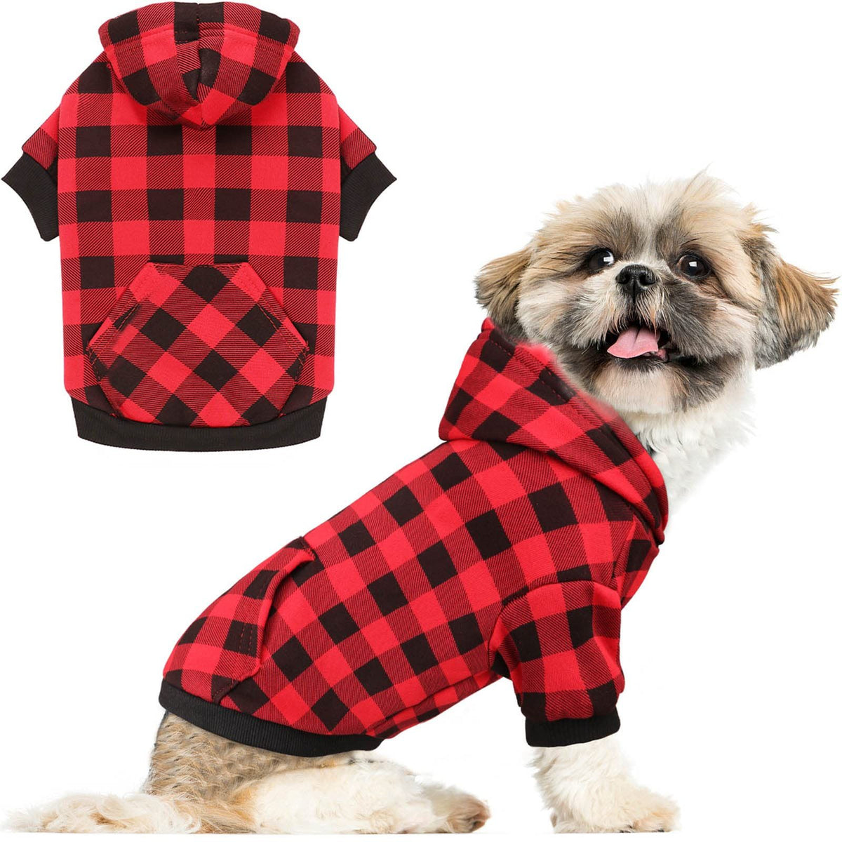 Red Buffalo Plaid Dog Clothes Warm and Soft Breathable Cozy Small Dog Hoodies Dog Sweaters for Small Dogs with Pocket