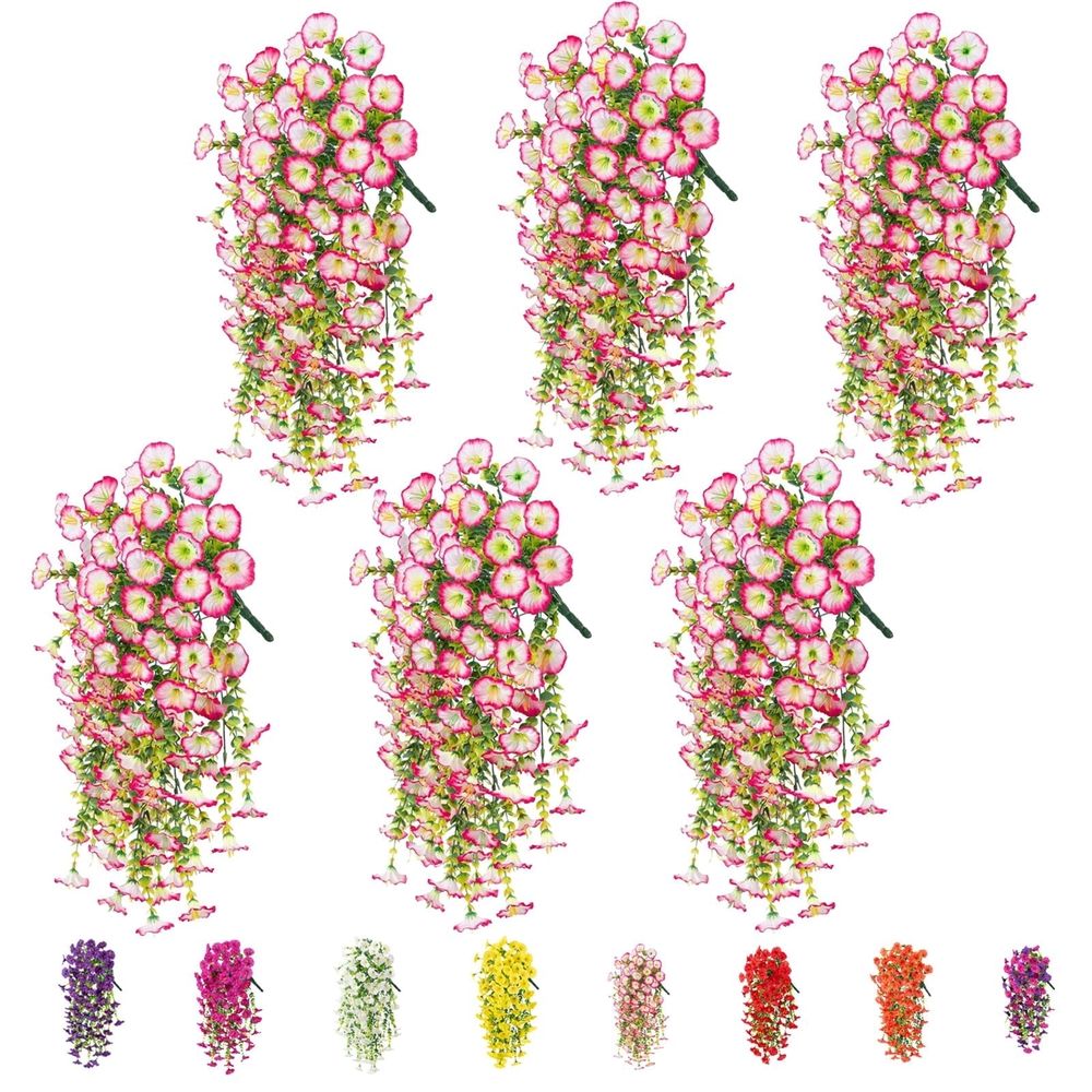 6PCS Artificial Morning Glory Vine, UV-Resistant Lifelike Hanging Fake Flower, Realistic Faux Morning Glory Garland for Porch Garden Home Decor