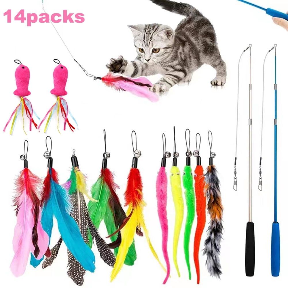 14s Cat Toys Feather Toy, 2PCS Retractable Cat Wand Toys and 12PCS Replacement Teaser with Bell Refills, Interactive Catcher Teaser and Funny Exercise for Kitten & Cats