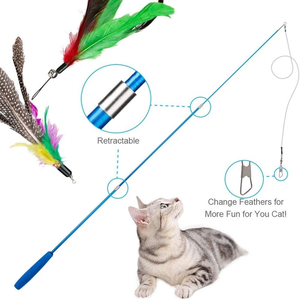 14s Cat Toys Feather Toy, 2PCS Retractable Cat Wand Toys and 12PCS Replacement Teaser with Bell Refills, Interactive Catcher Teaser and Funny Exercise for Kitten & Cats