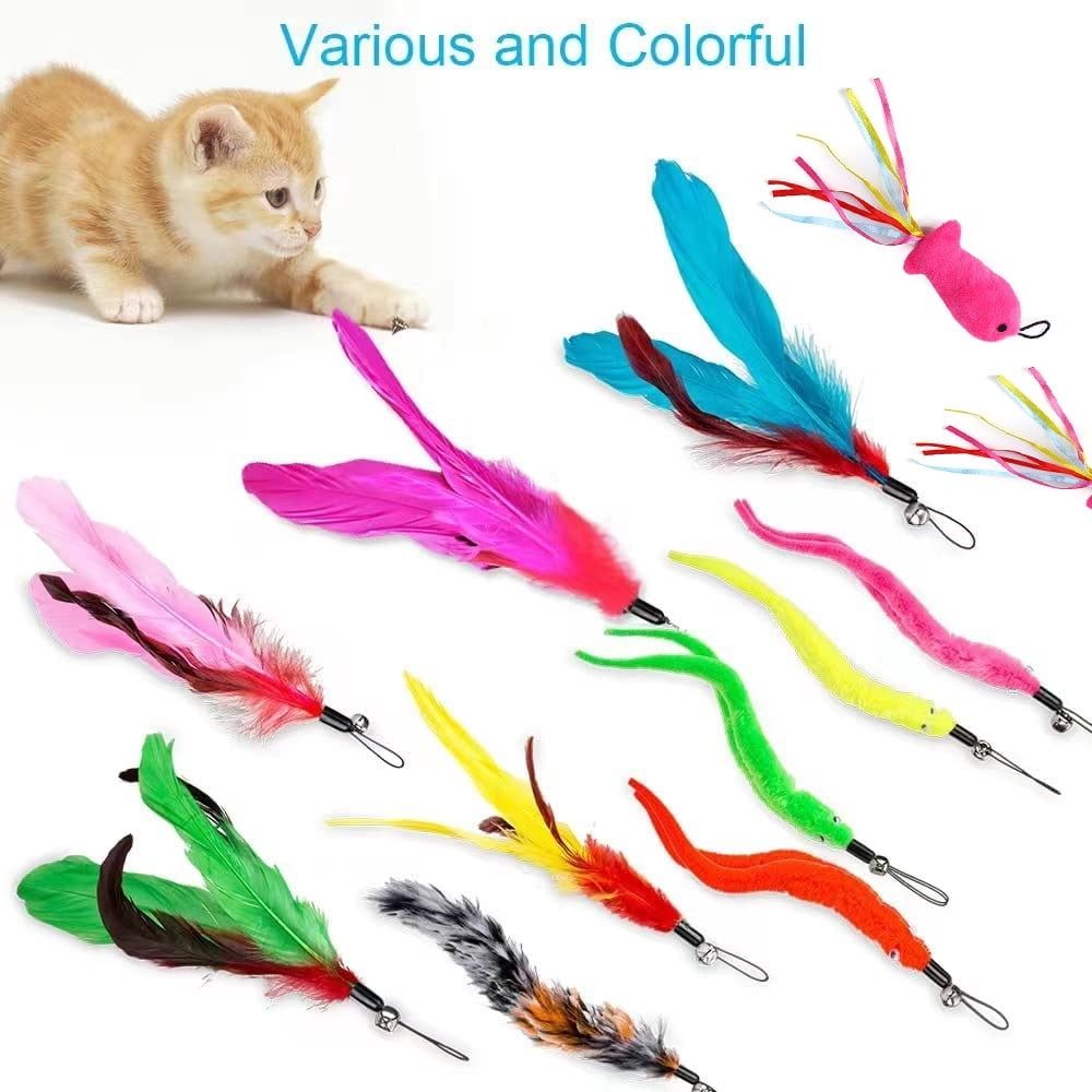 14s Cat Toys Feather Toy, 2PCS Retractable Cat Wand Toys and 12PCS Replacement Teaser with Bell Refills, Interactive Catcher Teaser and Funny Exercise for Kitten & Cats