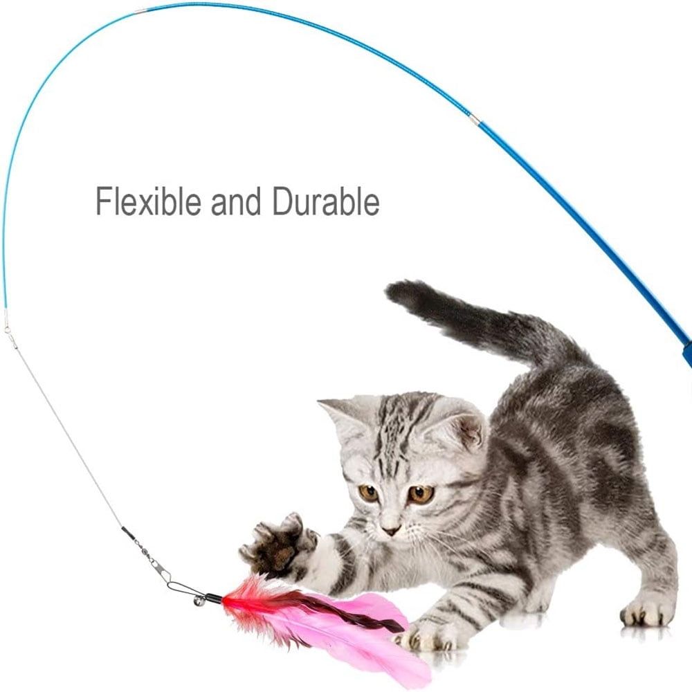 14s Cat Toys Feather Toy, 2PCS Retractable Cat Wand Toys and 12PCS Replacement Teaser with Bell Refills, Interactive Catcher Teaser and Funny Exercise for Kitten & Cats