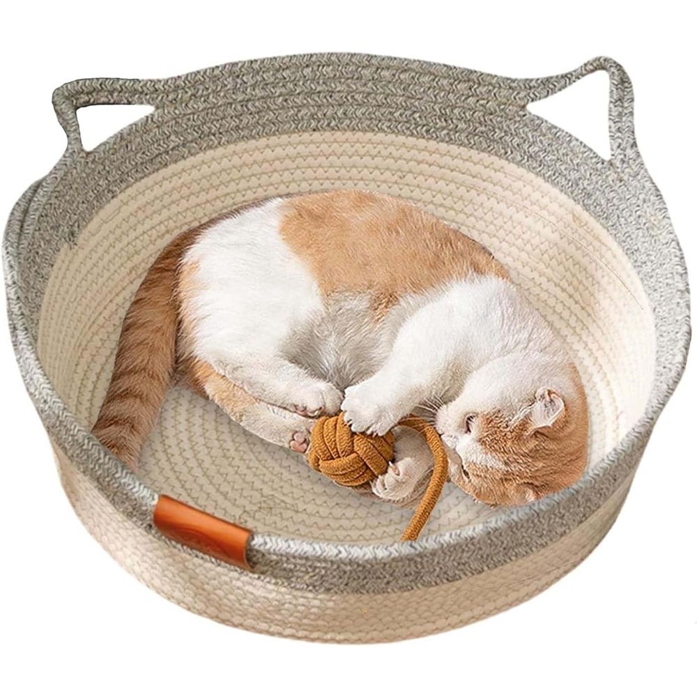 Cat Basket, Woven Cats Bed, Cotton Rope Weaving Pet Nest, Handwoven Breathable Durable Natural Rattan Cats Sleeping House with Toy Tail for Small & Large Cat & Dog
