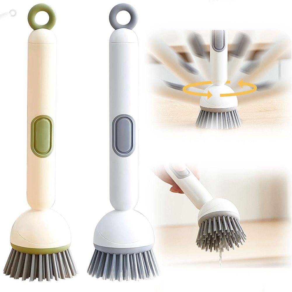 Adjustable Cleaning Brush with Liquid Dispenser, 6-Level Adjustable Handle & Refillable PET Scrub Head, Smooth Soap Dispensing, Scratch-Free for Kitchen