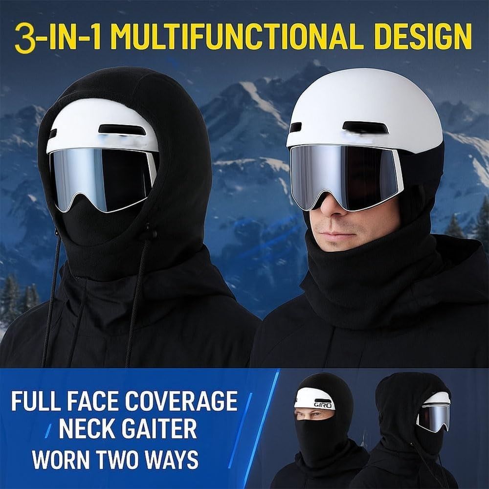 Waterproof Fleece Lined Hood, 3-in-1 Balaclava Design With Ski Mask For Skiing Snowboarding And Winter Cycling For In Outdoor Activities