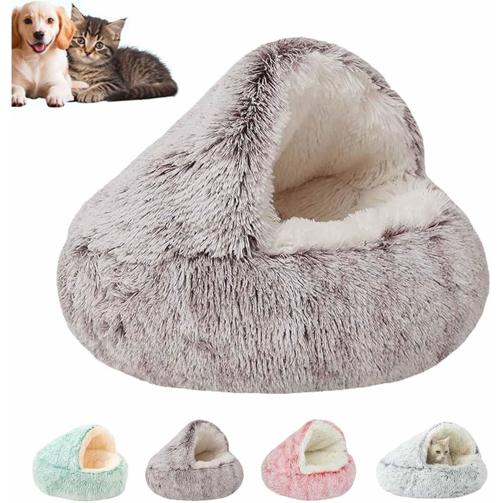 Cozy Cocoon Dog Bed with Hooded Cave Cover, Washable Anti-Slip Round Fluffy Bed for Small Medium Pets up to 22 lbs Pets, Calming Plush Cat Cave