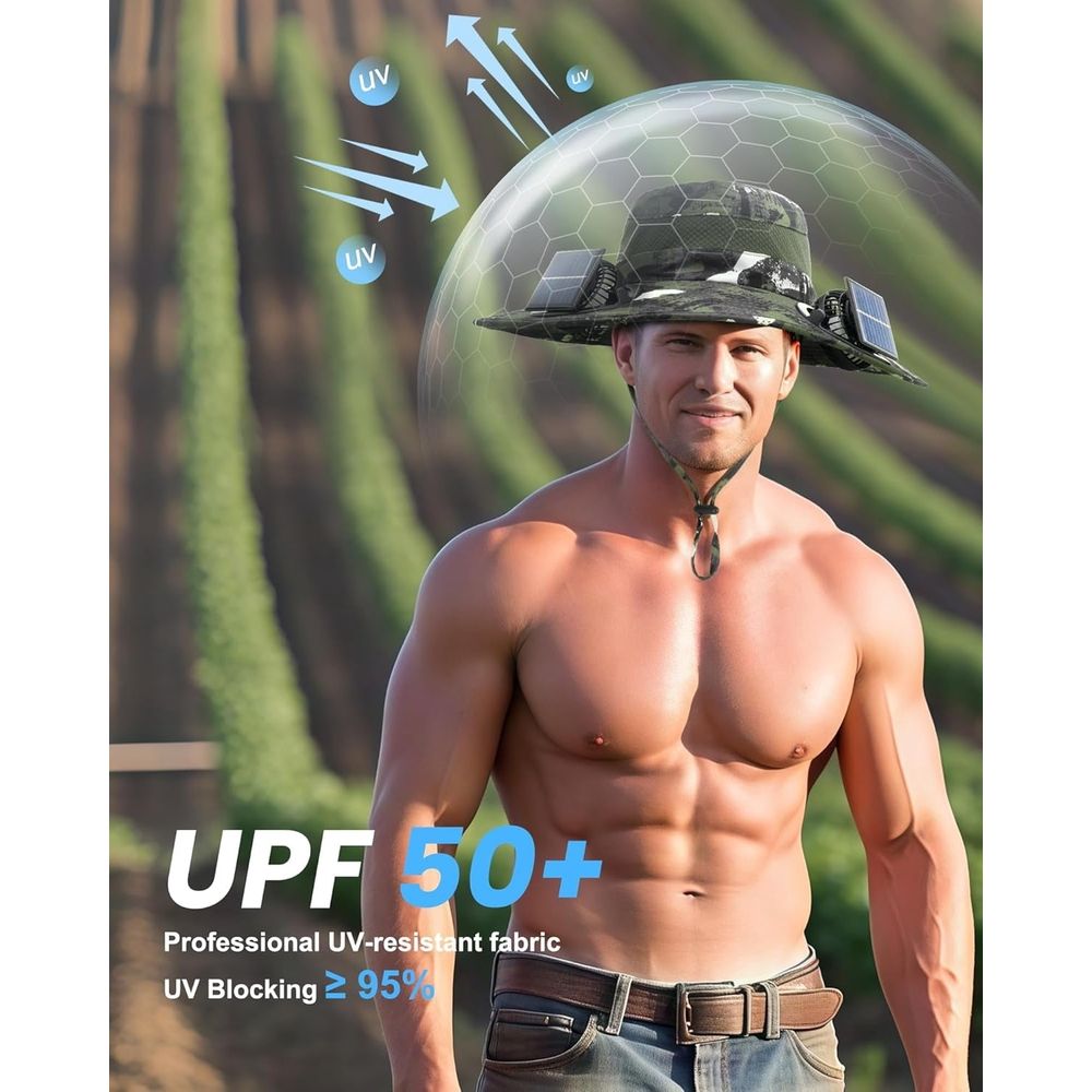 Solar Fan Hat, Wide Brim Outdoor Fishing Hat, 2 Fans with UPF 50+ Sun Protection, 3-Speed Adjustable Rechargeable for Men Women Camping Travel Outdoor