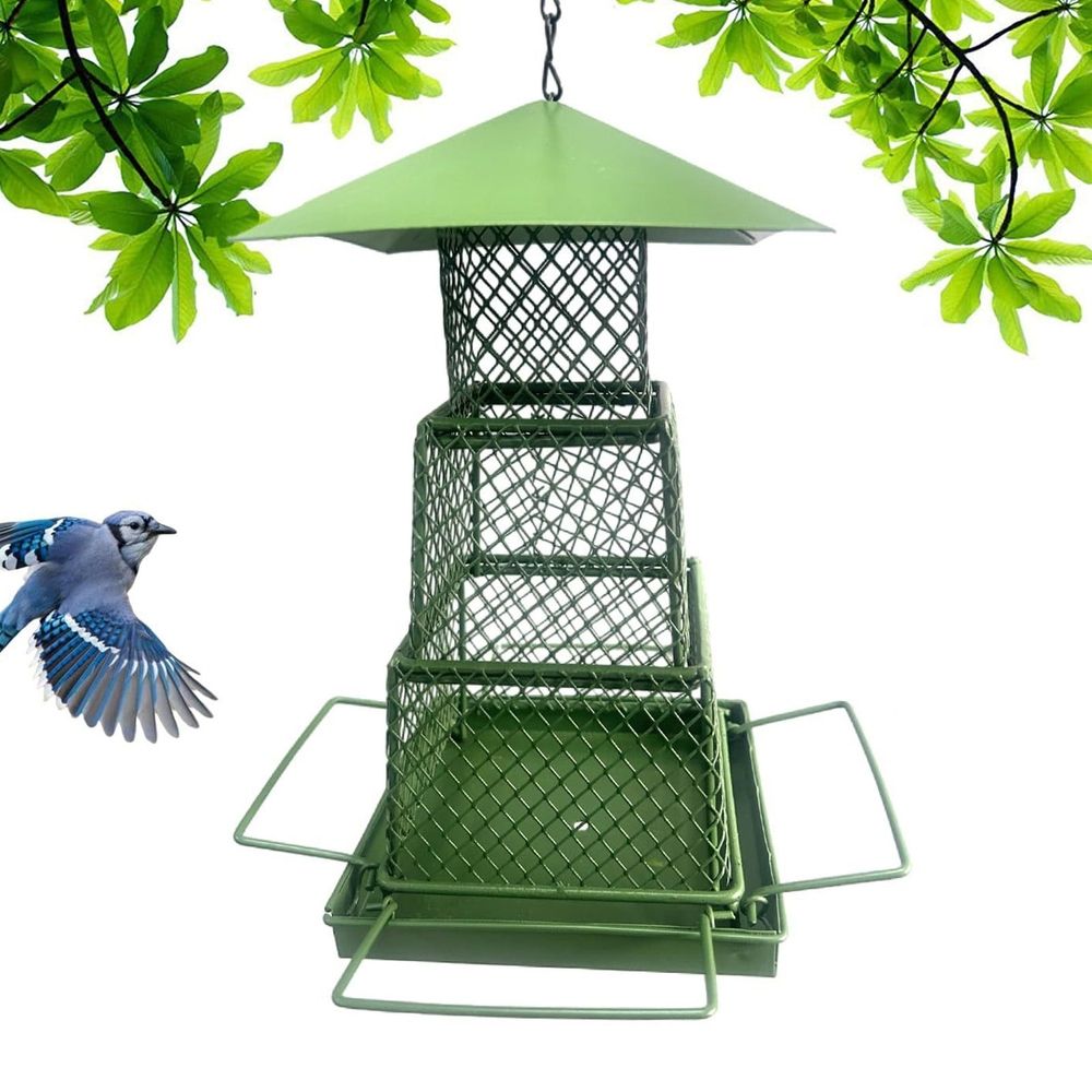 Squirrel-Proof Metal Bird Feeder | Hanging Outdoor Iron Mesh Tray | Rust-Resistant Powder Coated | Easy Drainage & Cleaning | Garden Decoration | 13.5x13.5x12.5cm