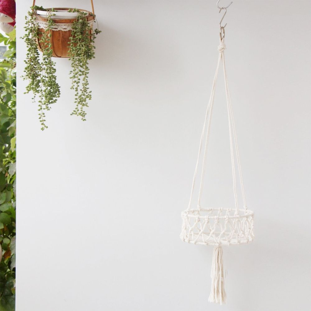 Woven Hanging Shelf | Indoor Planter Display Rack | Floating Shelf for Plants & Flowerpots | Nylon String Storage Fence | 80x20cm Beige Wall Organizer