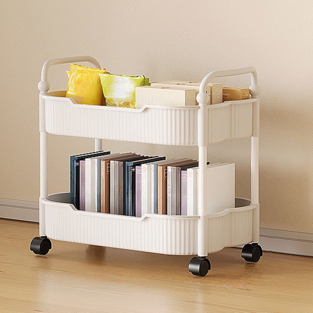 2-Tier Rolling Storage Cart with Armrests, Plastic Kitchen Bathroom Organizer Cart on Wheels for Toiletries, Snacks, Books, Toys, Pink Green White Black
