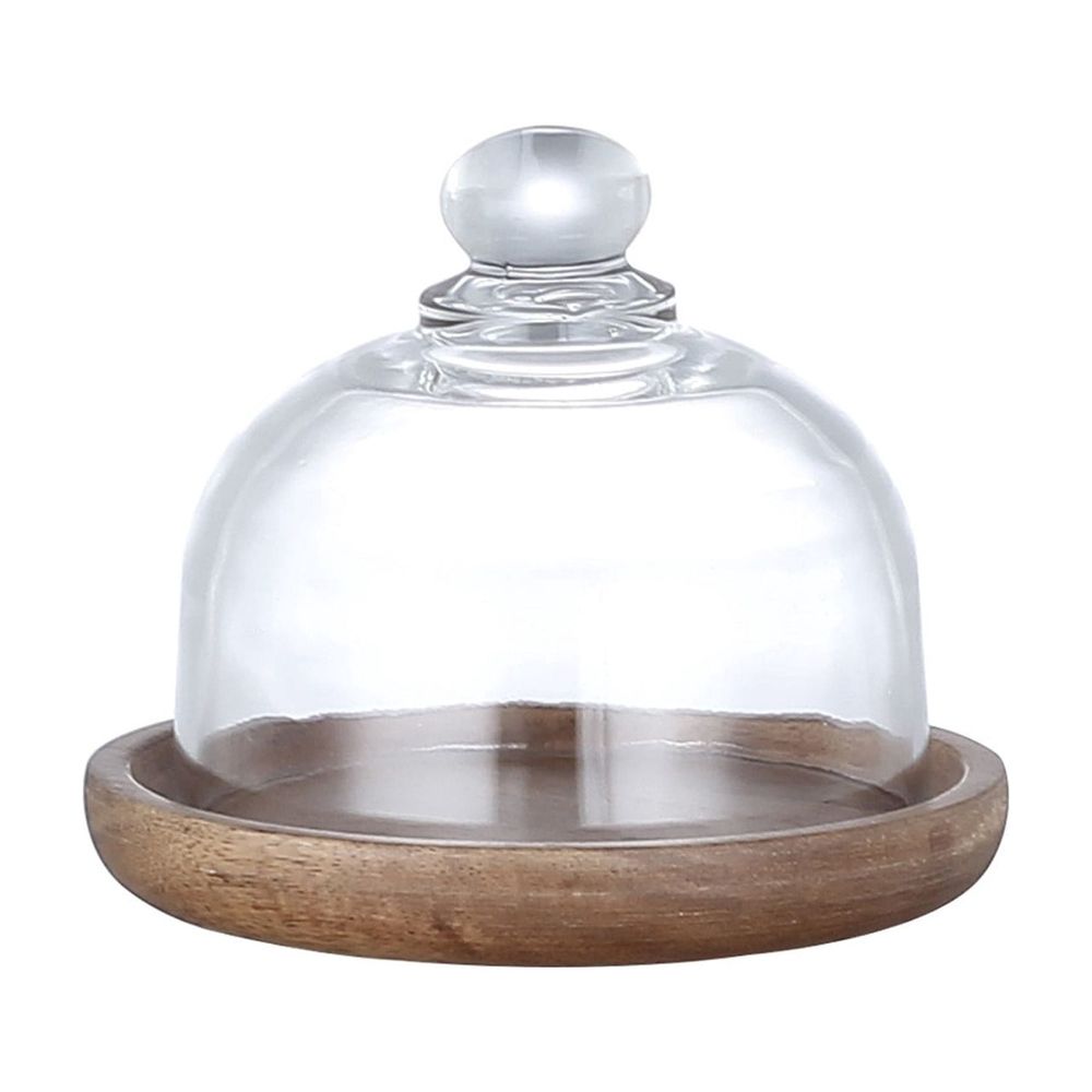 Mini Dessert Plates with Glass Cover | 4.13 Inch Cake Plates with Lid | Mini Cake Stand for Dessert Display | Glass Dome Tray for Macarons and Small Snacks | Wooden Presentation Plate for Home