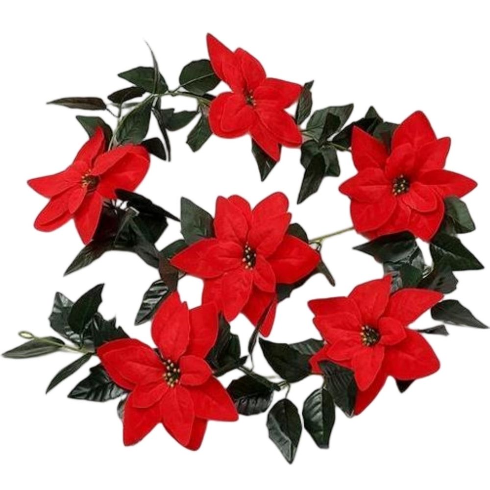 Christmas Garland Artificial Poinsettia Flowers - Stackable Mantel Staircase Decor - 69In Length 0.17LB - Faux Greenery for Home Office Holiday Party Wedding Indoor Covered Outdoor