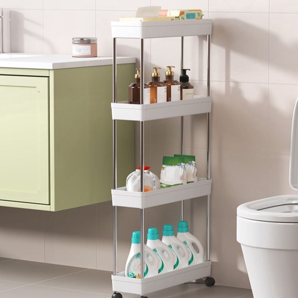 4-Tier Narrow Rolling Storage Cart with Wheels | Kitchen Shelving Unit for Spice Condiments | Multi-Purpose Bathroom Organizer Rack| Living Room Snack Cart | Vertical Space Saving Rolling Shelf