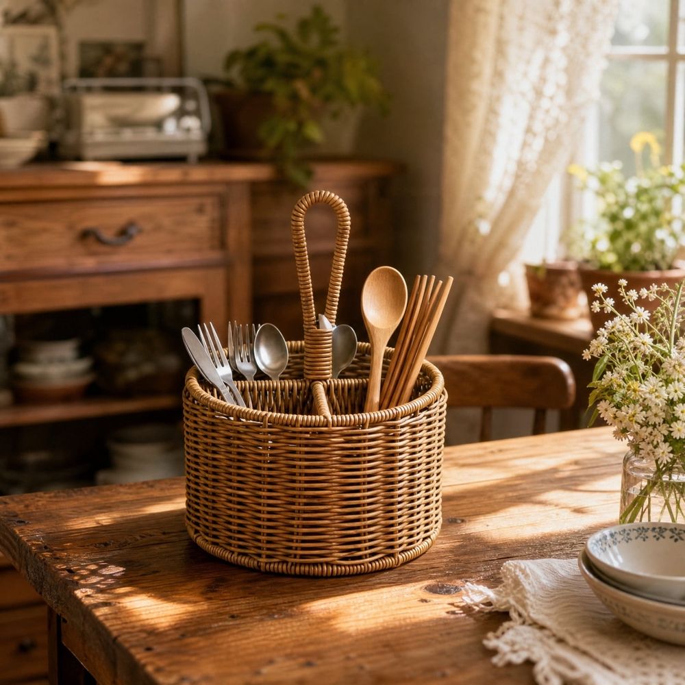 Hand Woven Rattan Round Utensil Caddy with 4 Compartments - Flatware Silverware Storage Basket with Handle for Dining Table, Kitchen Organizer, Picnic, Outdoor Gatherings, Home Decor, 1 Pack