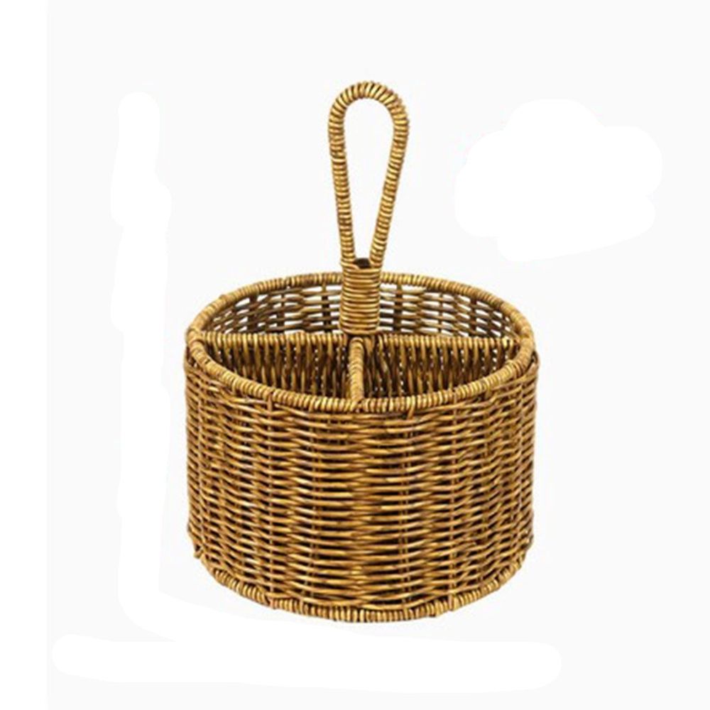 Hand Woven Rattan Round Utensil Caddy with 4 Compartments - Flatware Silverware Storage Basket with Handle for Dining Table, Kitchen Organizer, Picnic, Outdoor Gatherings, Home Decor, 1 Pack
