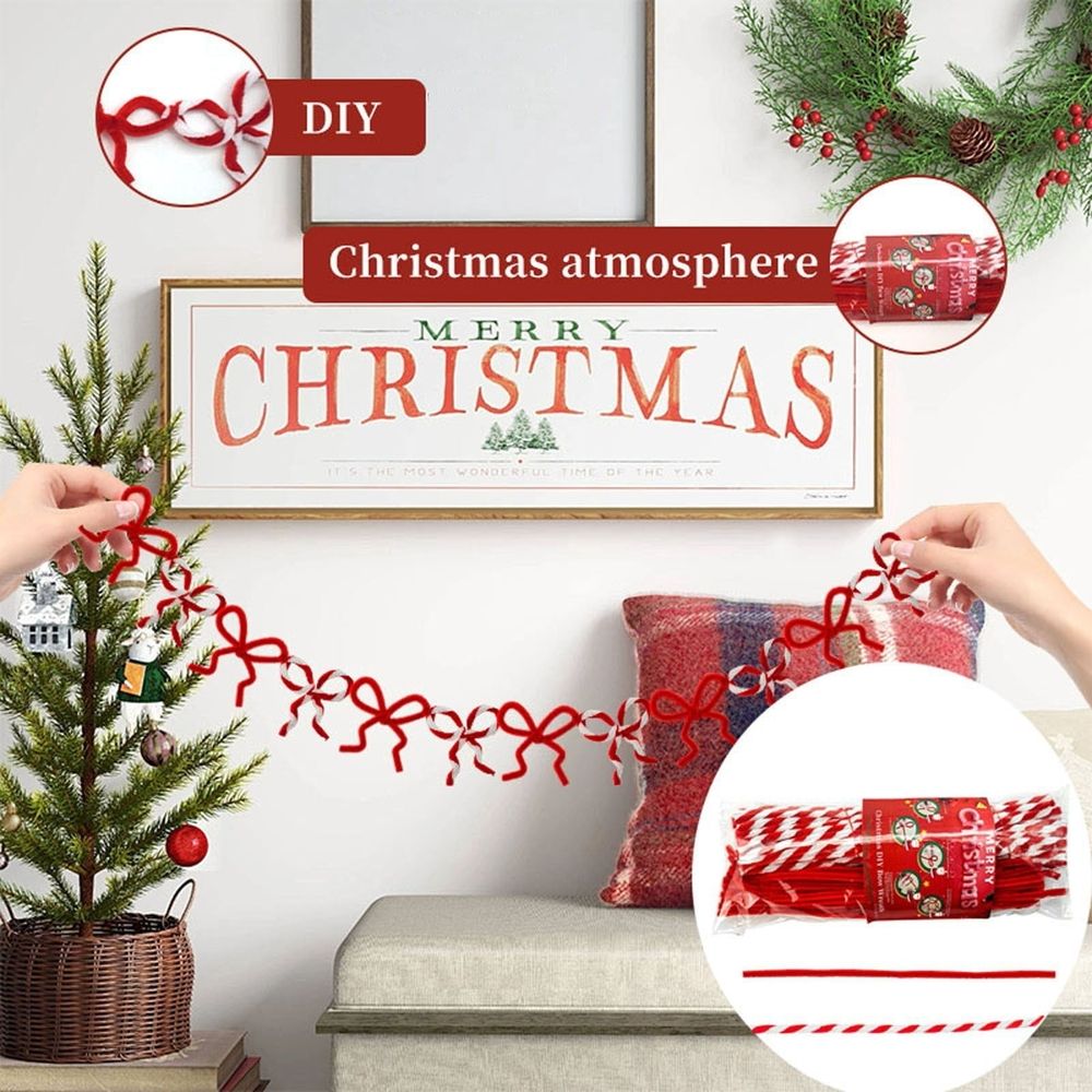 Christmas DIY Bow Wreath Making Kit Red and White Strands for Tree Wall Door Party Backdrop Holiday Craft Decoration Supplies 13 inch