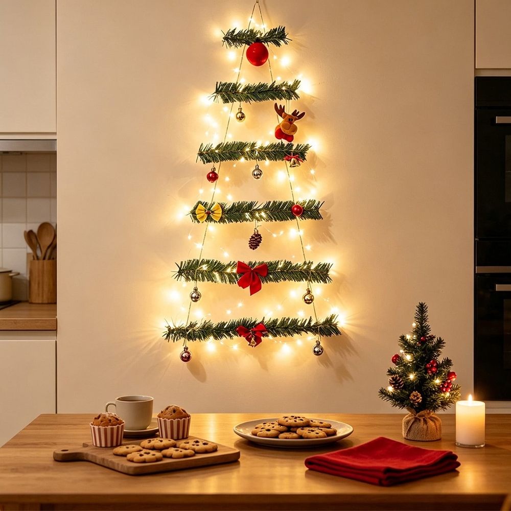 Wall Mounted Christmas Tree Garland with Warm White LED Lights, Festive Ornaments, Space Saving Holiday Decor for Living Room, Bedroom, Entryway, 43 inch