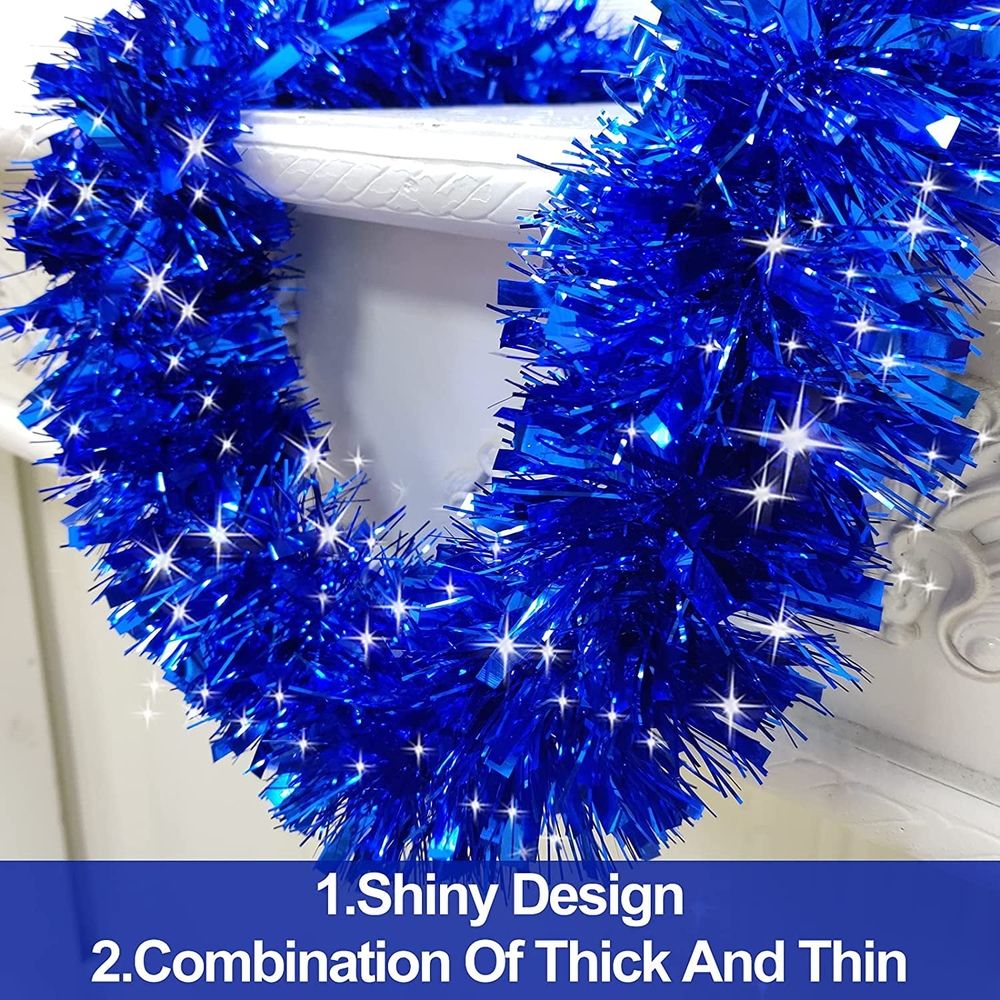 Christmas Tinsel Garland - 4PCS Blue Metallic Tinsel Garland for Christmas Tree Decorations, Xmas Tree Decor Home Indoor and Outdoor Holiday New Year Party Supplies