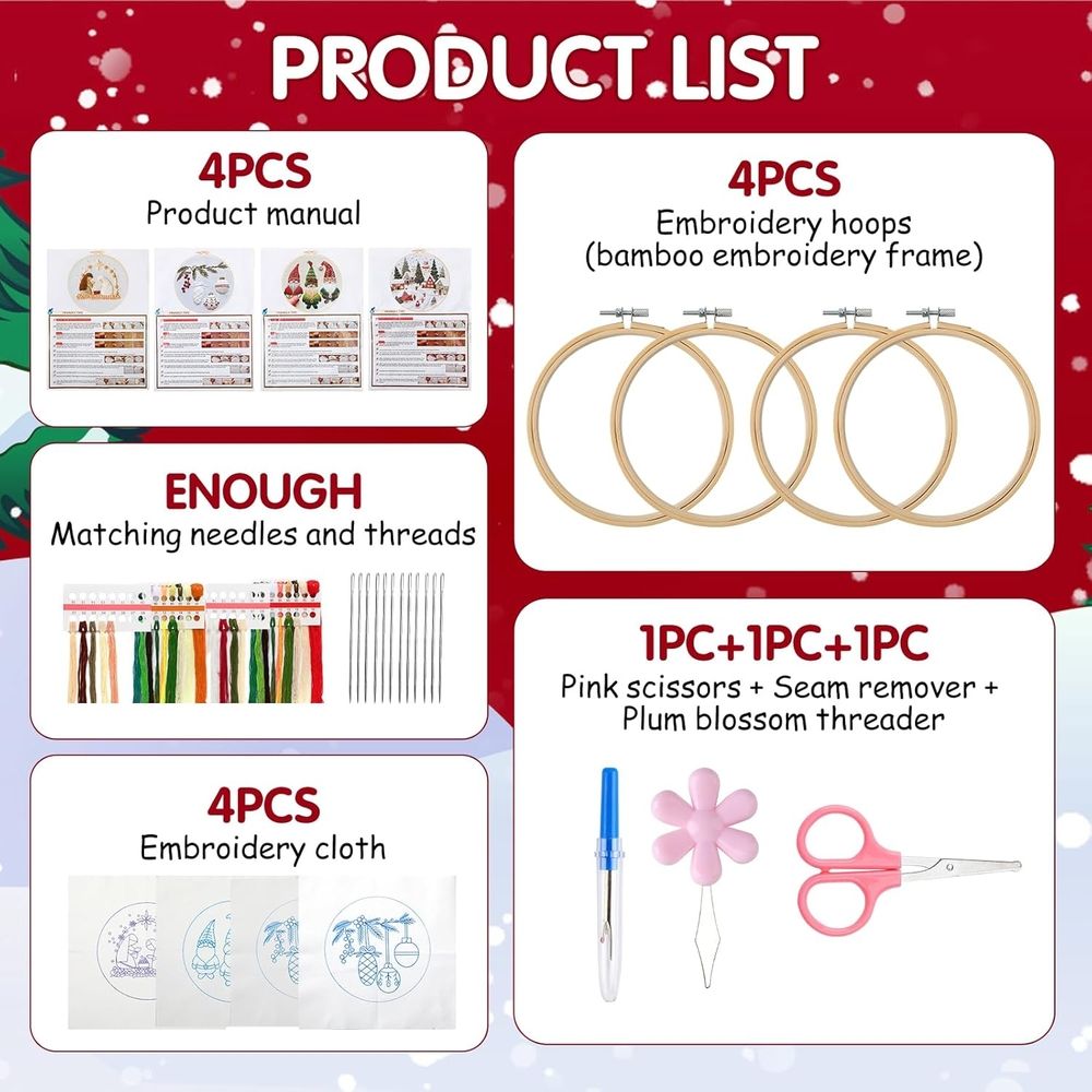 Christmas Embroidery KIT,Adults Kids DIY Handmade,Hand Embroidery Starter Kits with Stamped Embroidery Pattern,for Christmas Embroidery Kits for Adults Beginners Starter