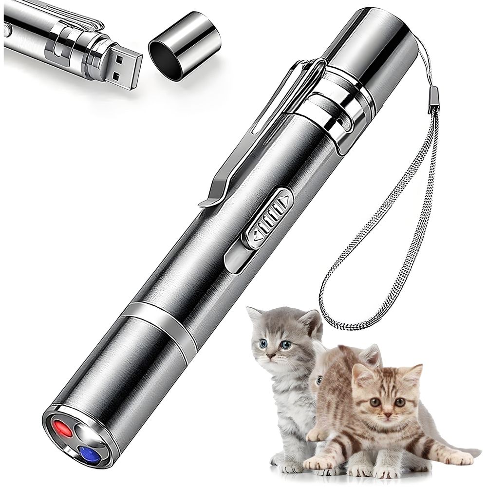 Interactive Cat Toy, USB-Rechargeable lazer pointer for cat with 3 Modes & 5 Light Patterns, Fun Indoor Play Accessory & Cat Gifts for Cat-Loving Families, Silver