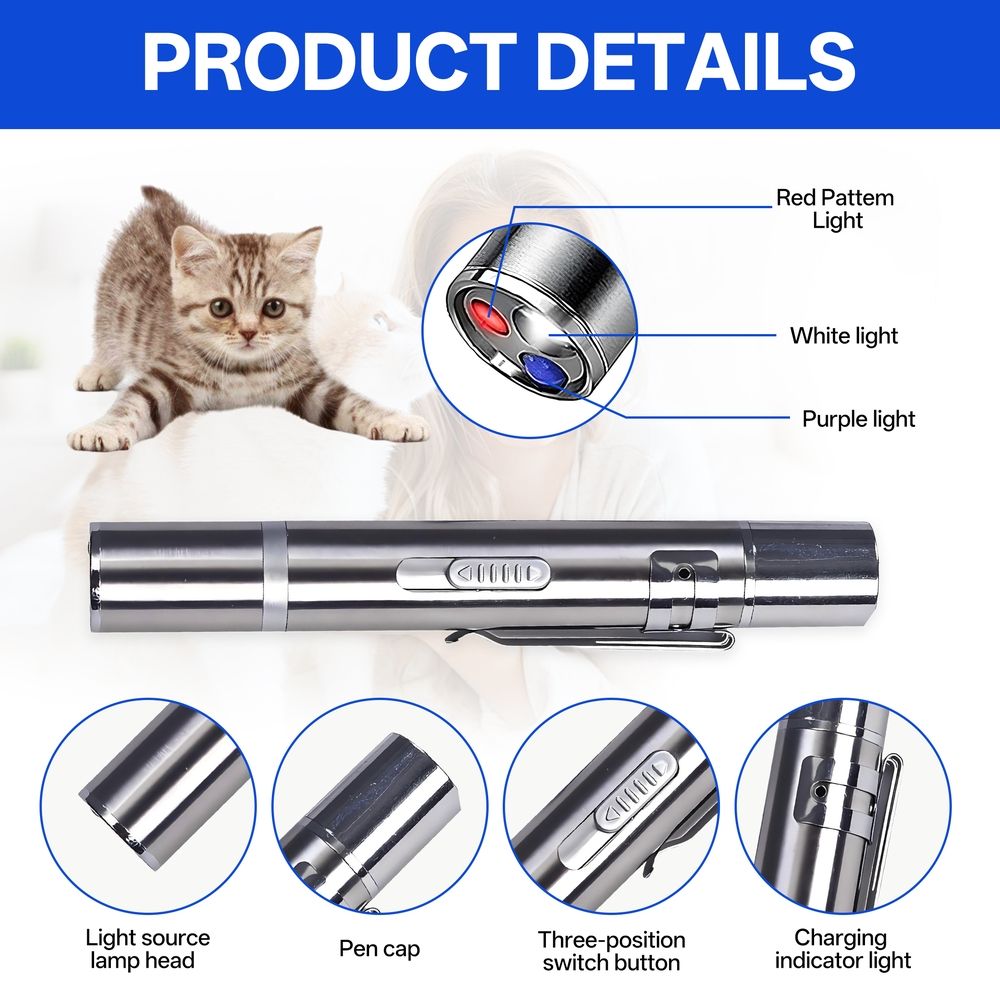 Interactive Cat Toy, USB-Rechargeable lazer pointer for cat with 3 Modes & 5 Light Patterns, Fun Indoor Play Accessory & Cat Gifts for Cat-Loving Families, Silver
