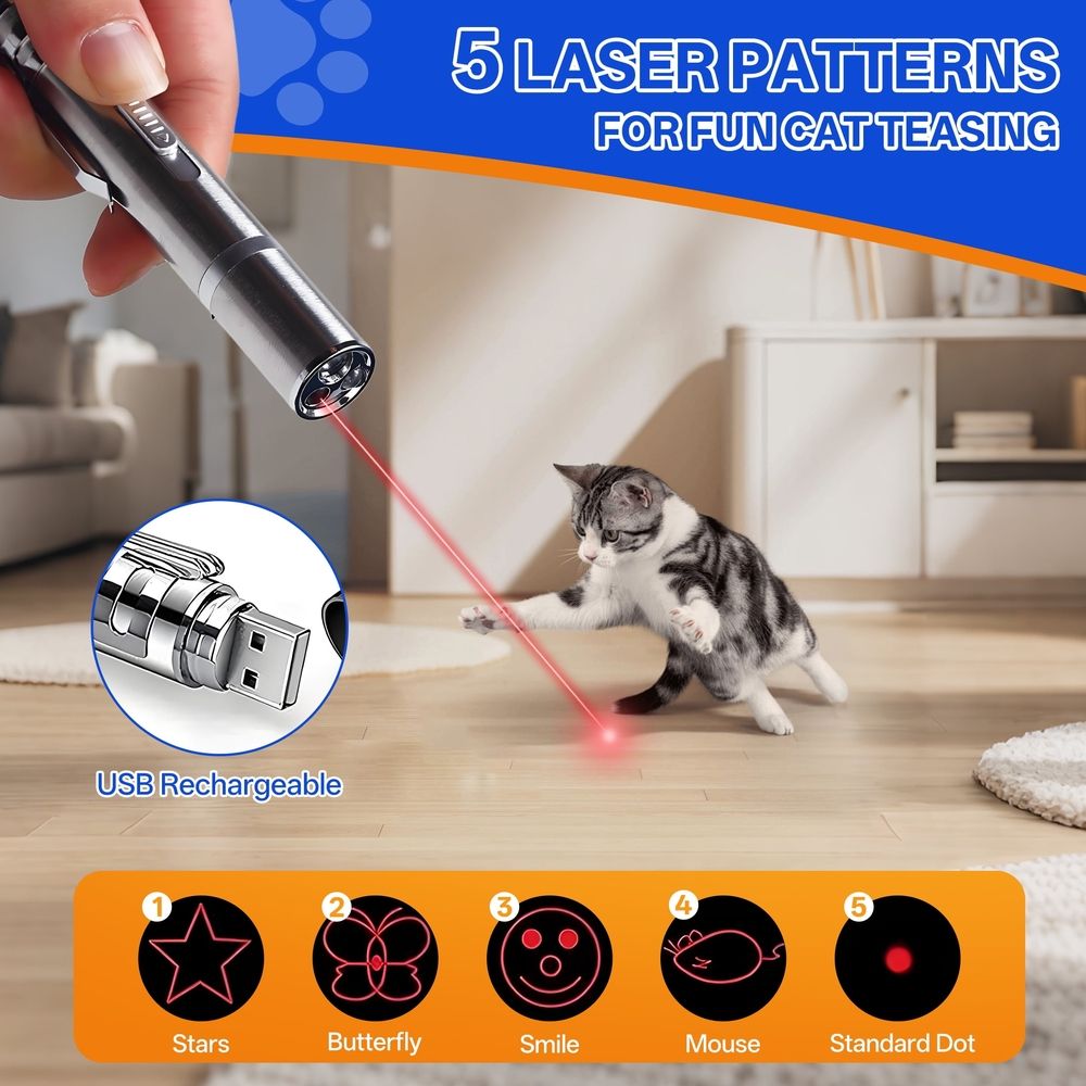 Interactive Cat Toy, USB-Rechargeable lazer pointer for cat with 3 Modes & 5 Light Patterns, Fun Indoor Play Accessory & Cat Gifts for Cat-Loving Families, Silver