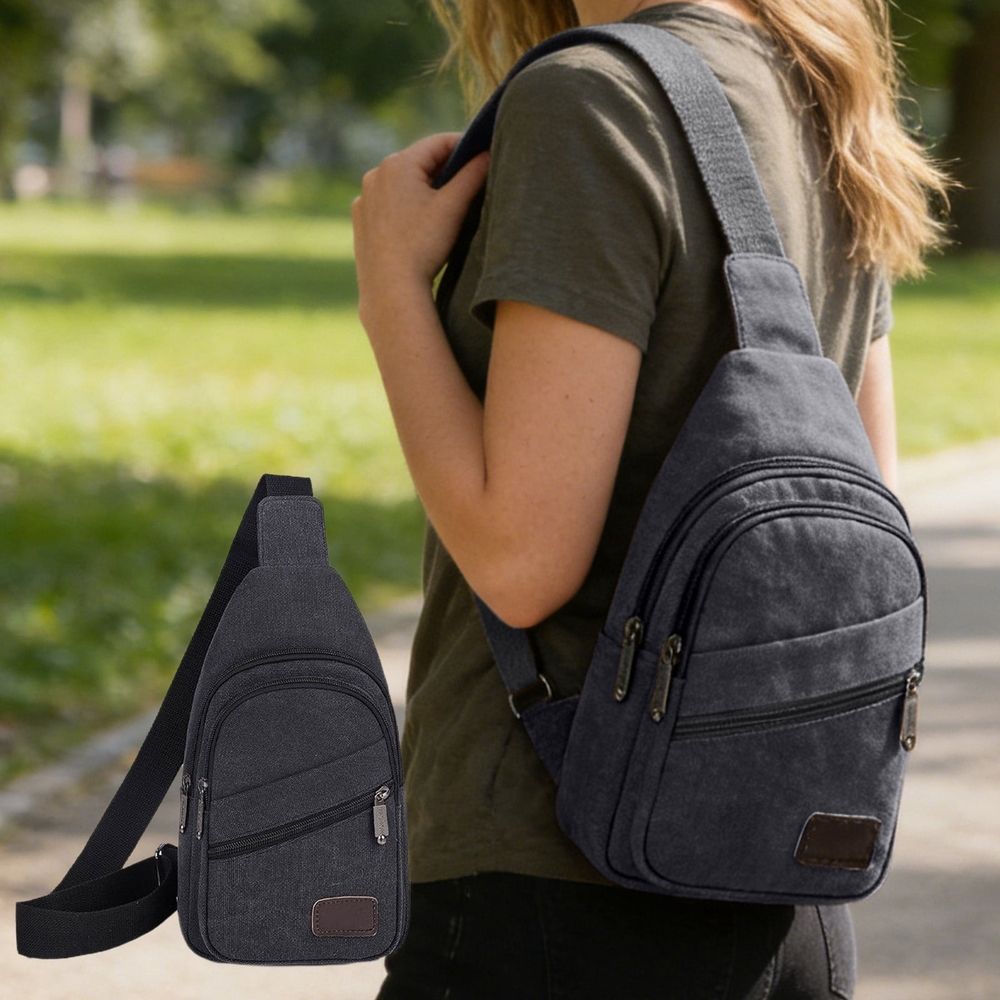 Unisex Single Shoulder Crossbody Bag Waterproof Canvas Sling Backpack Chest Bag for Hiking Travel Daily Use Multi Compartment with Hidden Pocket 12 x 6.7 Inches