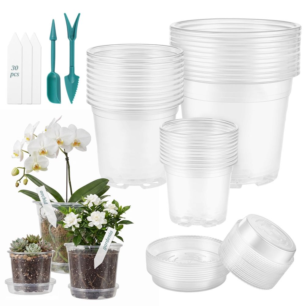 30Pcs Clear Nursery Pots with Multiple Drainage Holes & Dedicated Tray Transparent Seedling Flower Pot for Succulent Herb Orchid Flower