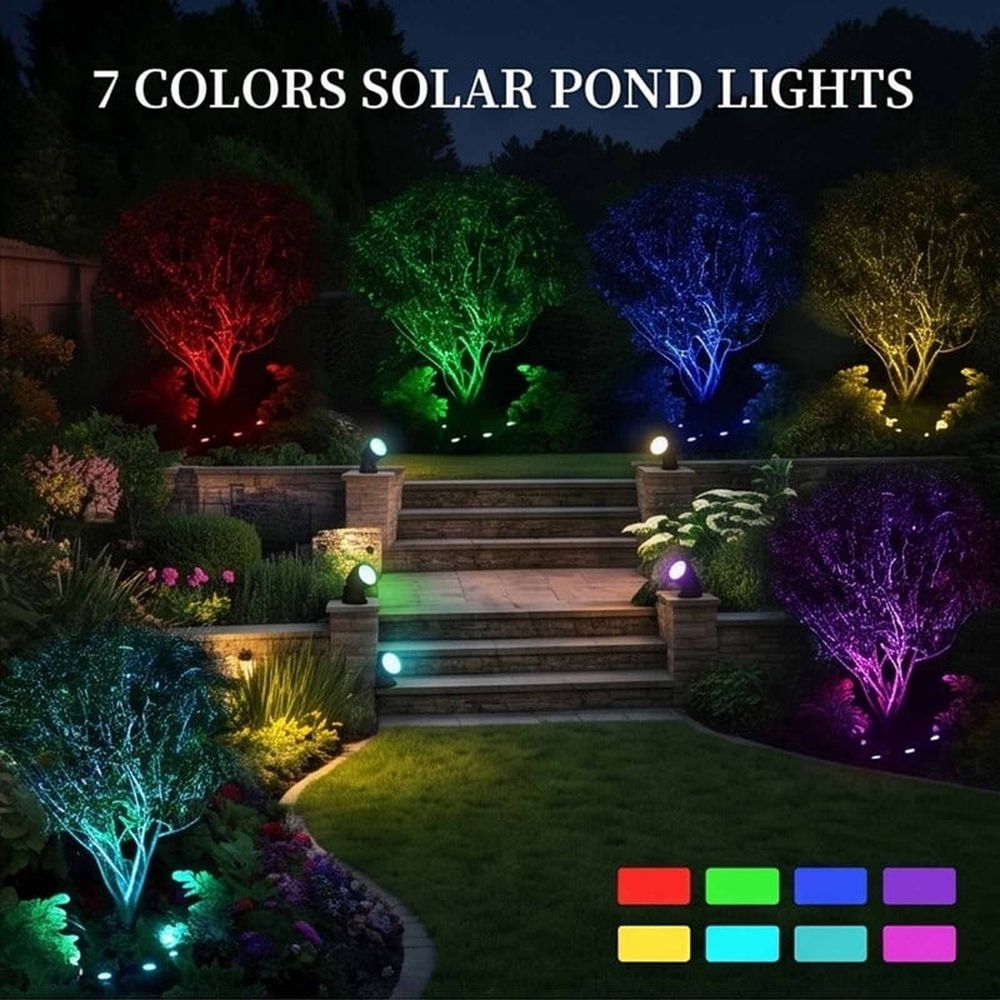Solar Underwater Pond Lights Multi-Color Waterproof Solar Pond Lights for Pool Fountain Waterfall with Adjustable Head and Panel