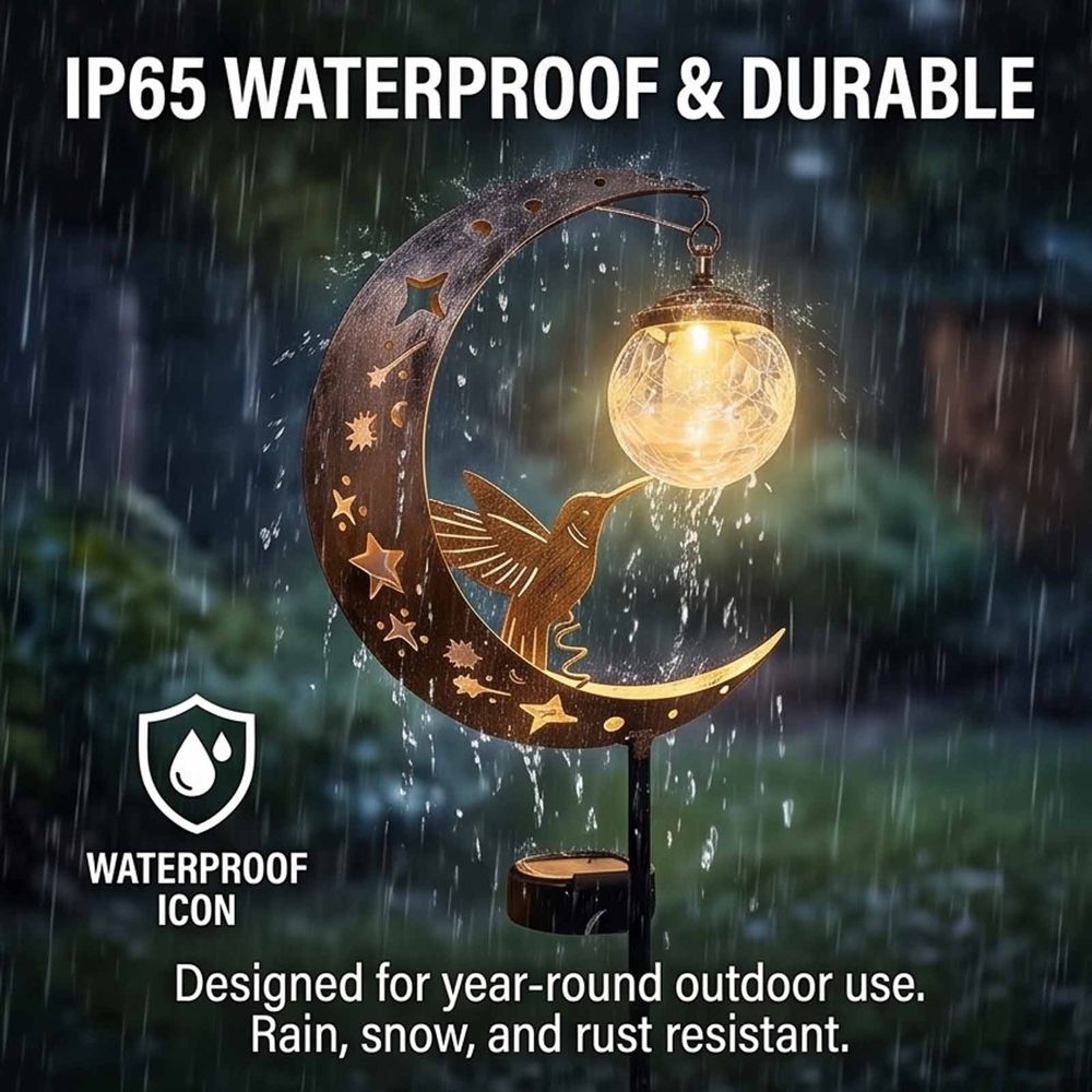 Hummingbird Moon Solar Garden Stake Light, Solar Garden Lights Outdoor Decorative, Waterproof Pathway Light with Crackle Glass Globe, for Walkway Flower Bed Lawn Yard Patio