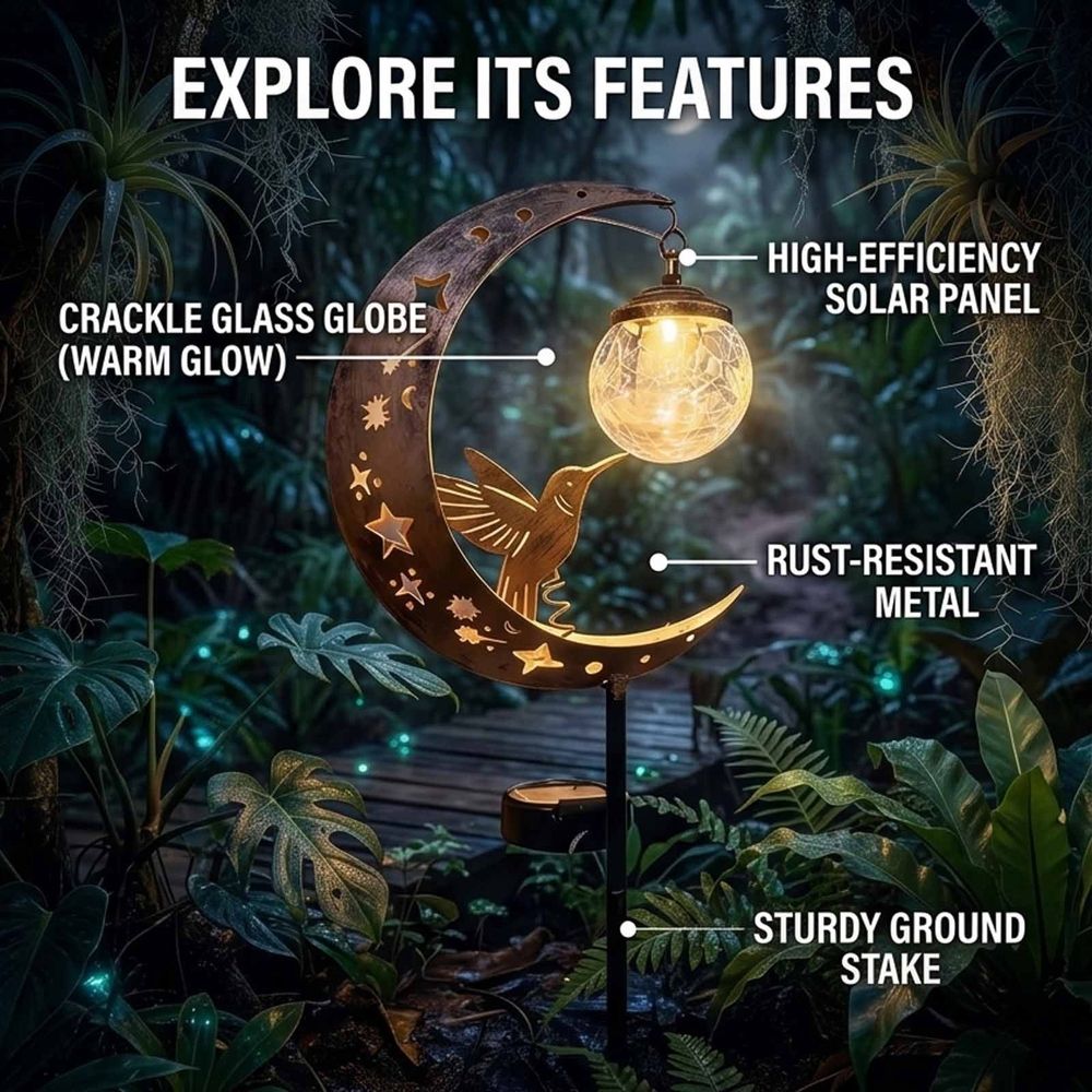 Hummingbird Moon Solar Garden Stake Light, Solar Garden Lights Outdoor Decorative, Waterproof Pathway Light with Crackle Glass Globe, for Walkway Flower Bed Lawn Yard Patio