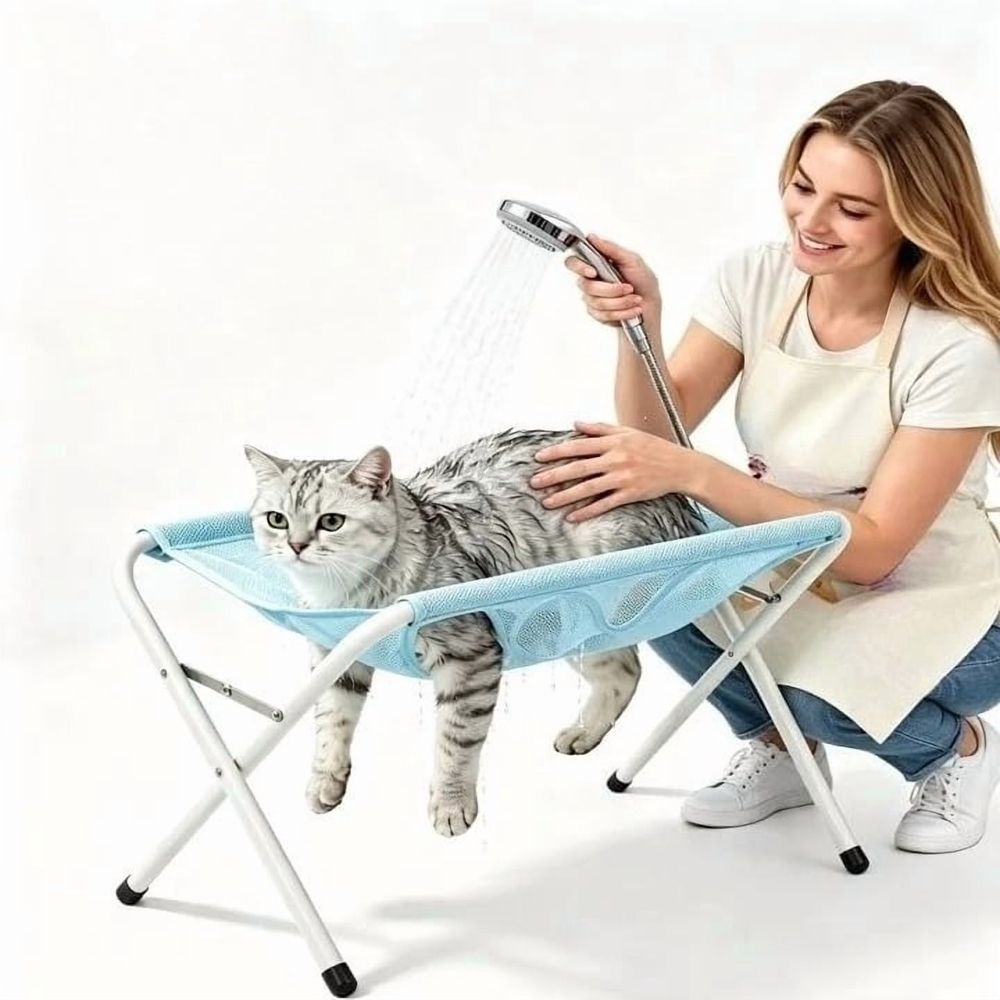 Foldable Pet Bathing Stand, Pet Grooming Hammock - Quick-Dry Mesh, 8 Holes, Holds 44 lbs for Washing & Grooming